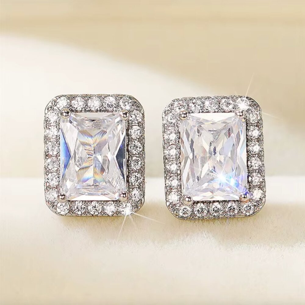 925 Sterling Silver Diamond Emerald Cut Stud Earrings